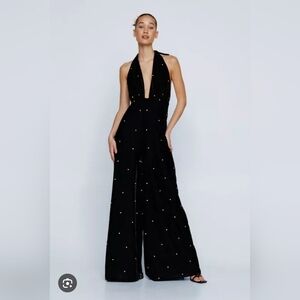 Nasty Gal velvet halterneck Jumpsuit Diamante Wide Leg  Size‎ 10
